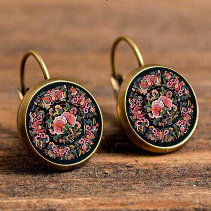 Wholesale Vintage Mandala Print Time Stone French Earrings MOQ≥2 JDC-ES-Fangt014