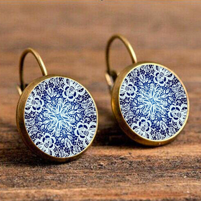 Wholesale Vintage Mandala Print Time Stone French Earrings MOQ≥2 JDC-ES-Fangt014