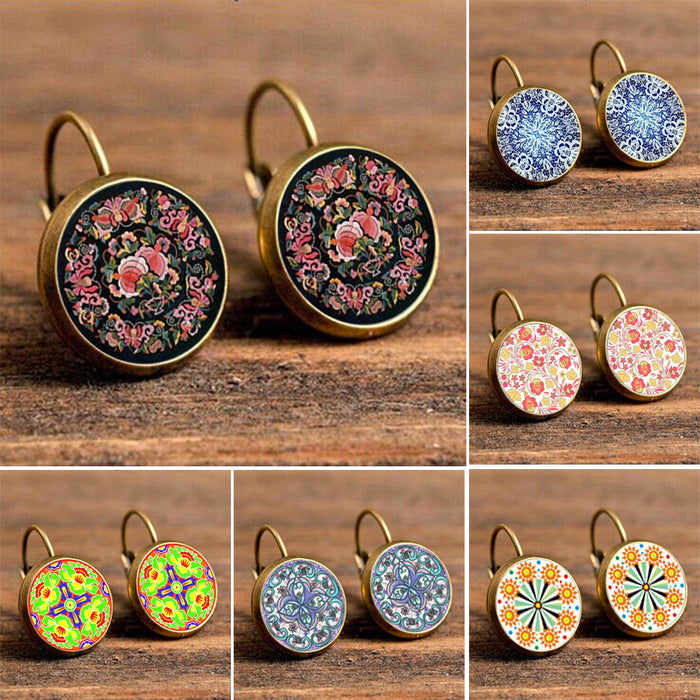 Wholesale Vintage Mandala Print Time Stone French Earrings MOQ≥2 JDC-ES-Fangt014