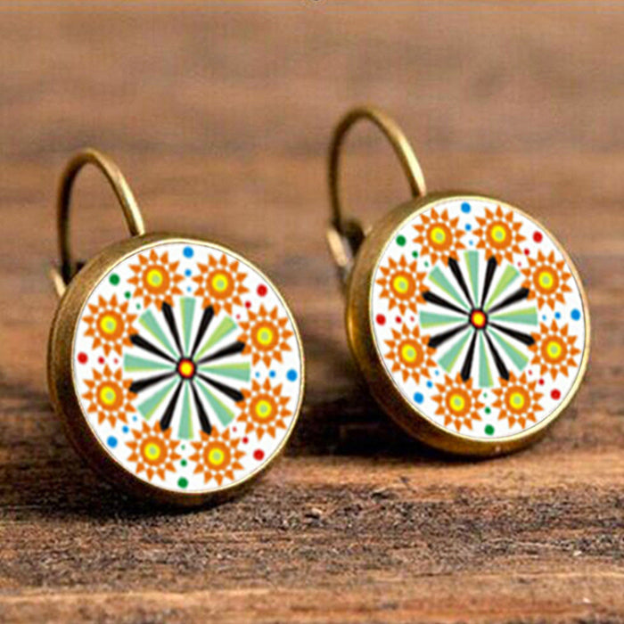 Wholesale Vintage Mandala Print Time Stone French Earrings MOQ≥2 JDC-ES-Fangt014