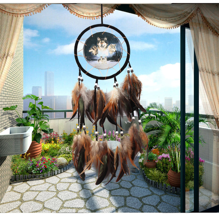 Wholesale Indian Oil Painting Wolf Totem Feather Flocking Cloth Woven Dreamcatcher MOQ≥2 JDC-DC-MengS019