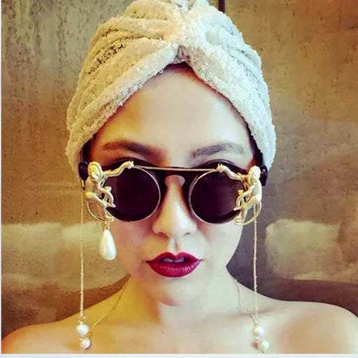 Jewelry WholesaleWholesale double monkey pearl chain accessories round flip top sunglasses JDC-SG-NT015 Sunglasses 妮头 %variant_option1% %variant_option2% %variant_option3%  Factory Price JoyasDeChina Joyas De China