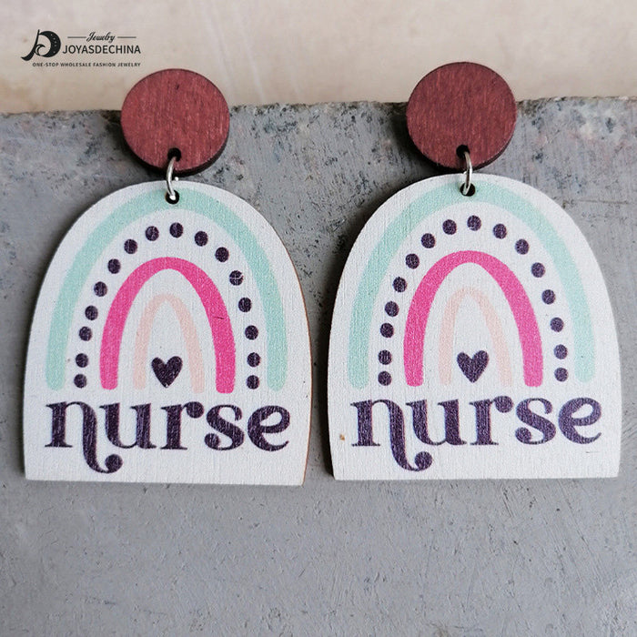 Wholesale Earrings Wooden Letters Colorful Rainbow Nurse 2 Pairs JDC-ES-Heyi056