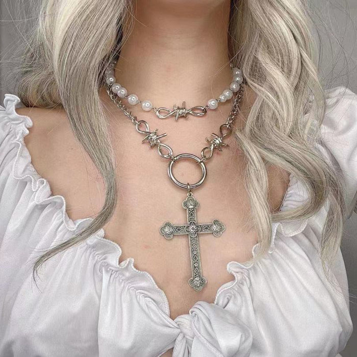 Wholesale Necklaces Titanium Steel Pearl Cross JDC-NE-DLF005