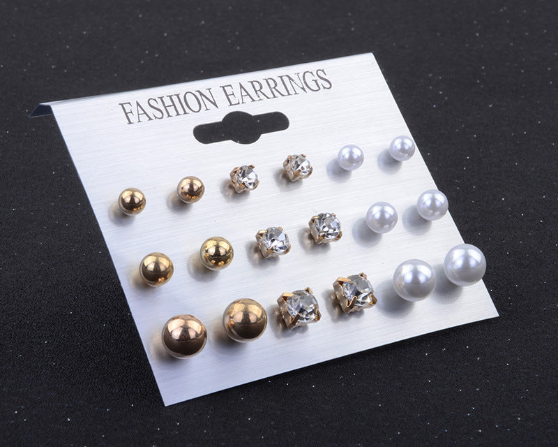 Wholesale Pearl Rhinestone Stud Earrings 9 Pairs Plate Combo Set JDC-RS-Zhulong002