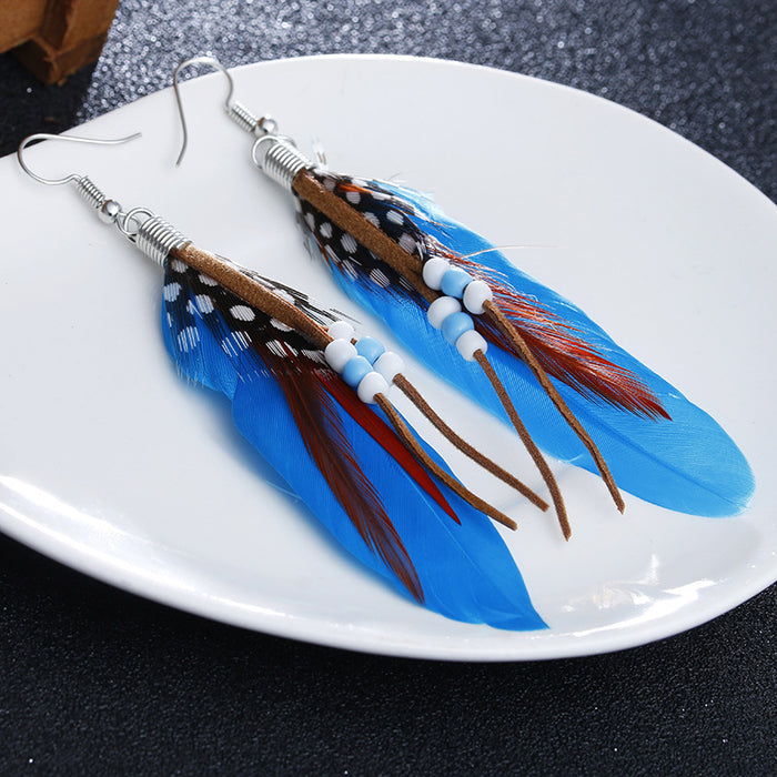 Wholesale Long Feather Earrings Boho Rice Beads Tassel MOQ≥2 JDC-ES-Zhongn001