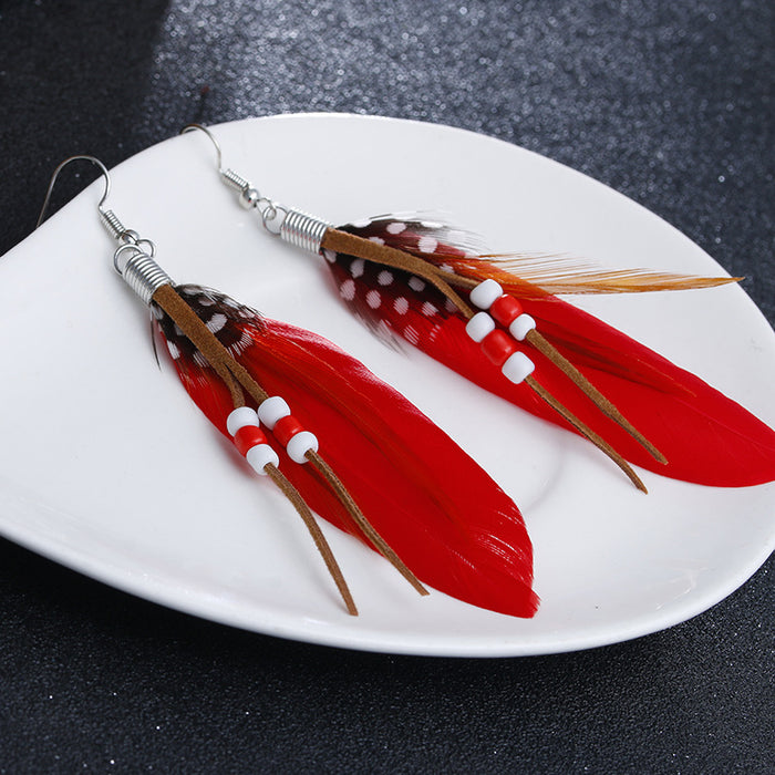 Wholesale Long Feather Earrings Boho Rice Beads Tassel MOQ≥2 JDC-ES-Zhongn001