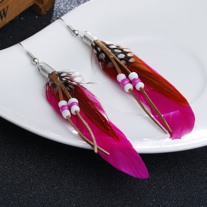 Wholesale Long Feather Earrings Boho Rice Beads Tassel MOQ≥2 JDC-ES-Zhongn001