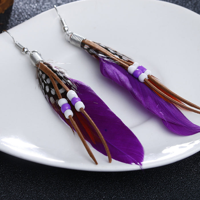 Wholesale Long Feather Earrings Boho Rice Beads Tassel MOQ≥2 JDC-ES-Zhongn001