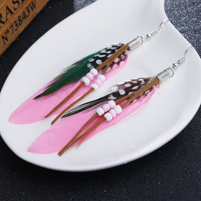 Wholesale Long Feather Earrings Boho Rice Beads Tassel MOQ≥2 JDC-ES-Zhongn001