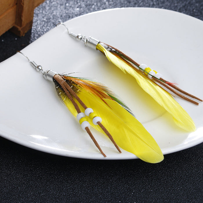 Wholesale Long Feather Earrings Boho Rice Beads Tassel MOQ≥2 JDC-ES-Zhongn001