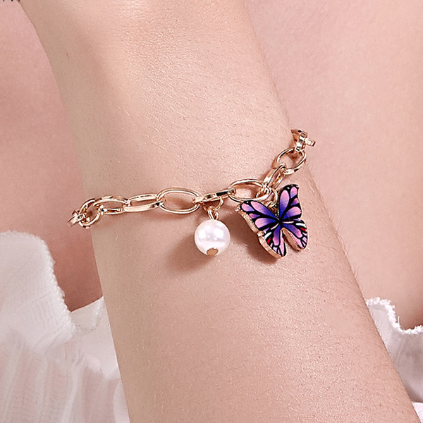 Jewelry WholesaleWholesale Color Butterfly Alloy Pearl Thick Chain Bracelet JDC-BT-A028 Bracelet 妙雅 %variant_option1% %variant_option2% %variant_option3%  Factory Price JoyasDeChina Joyas De China