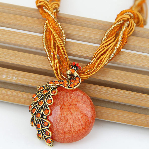 Wholesale boho style tassel retro peacock gem temperament ladies rice beads necklace sweater chain JDC-NE-WY005