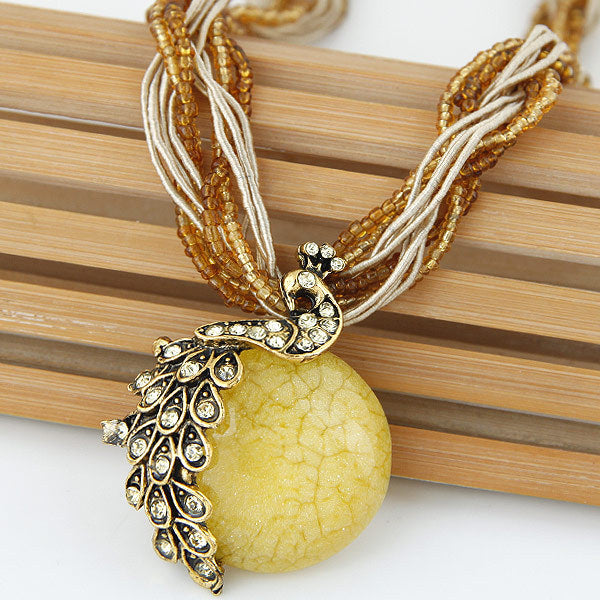 Wholesale boho style tassel retro peacock gem temperament ladies rice beads necklace sweater chain JDC-NE-WY005