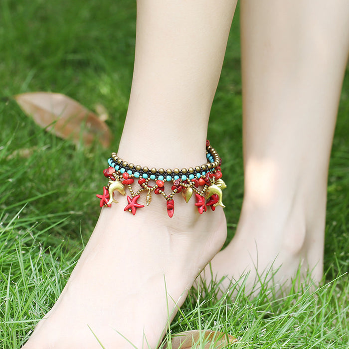 Jewelry WholesaleWholesale bohemian wind chime bell starfish hand woven turquoise anklet chain JDC-AS-Mcheng001 Anklet 结满 %variant_option1% %variant_option2% %variant_option3%  Factory Price JoyasDeChina Joyas De China