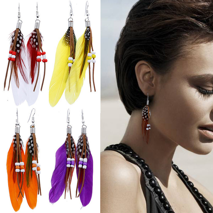 Wholesale Long Feather Earrings Boho Rice Beads Tassel MOQ≥2 JDC-ES-Zhongn001