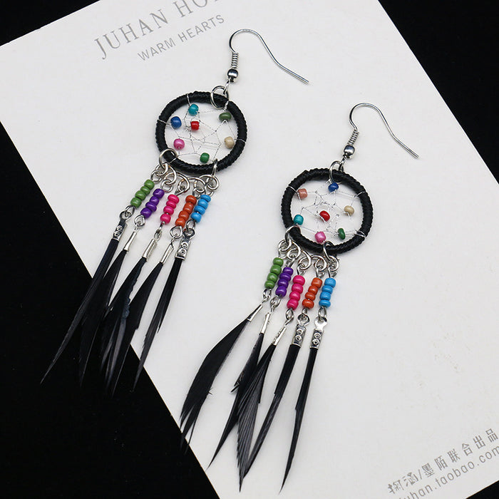 Wholesale Boho Feather Tassel Rice Beads Dreamcatcher Earrings MOQ≥2 JDC-ES-HH010