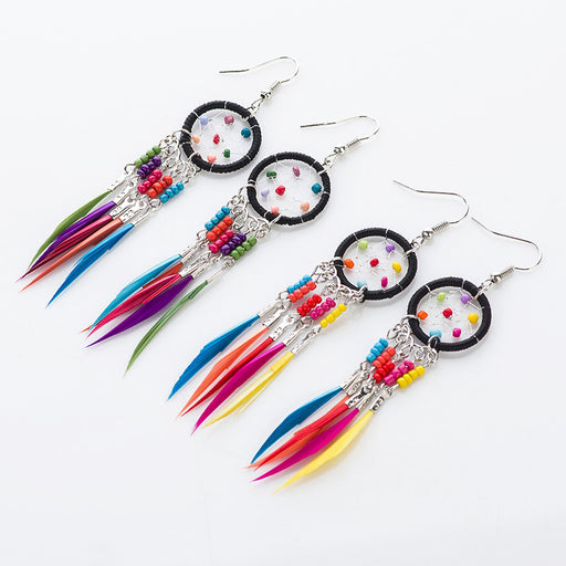 Jewelry WholesaleWholesale Boho Feather Tassel Rice Beads Dreamcatcher Earrings MOQ≥2 JDC-ES-HH010 Earrings 汉虹 %variant_option1% %variant_option2% %variant_option3%  Factory Price JoyasDeChina Joyas De China