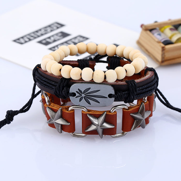 Wholesale Bracelet Leather Wooden Beads Hemp Rope Alloy Men's Vintage Braid JDC-BT-PK041