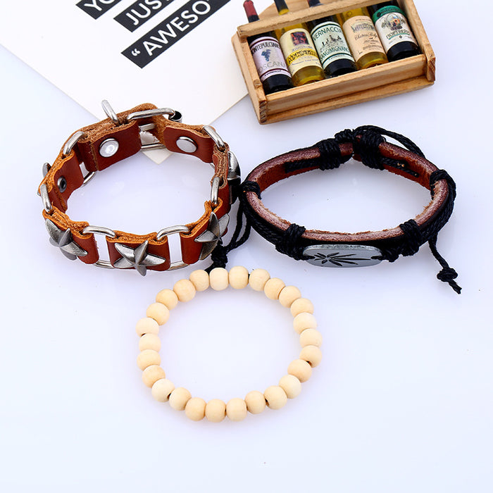 Wholesale Bracelet Leather Wooden Beads Hemp Rope Alloy Men's Vintage Braid JDC-BT-PK041