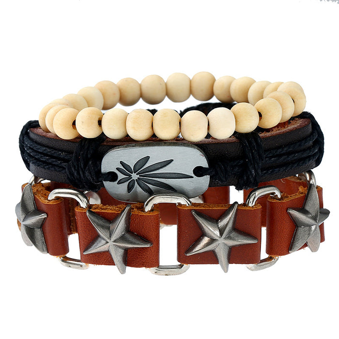 Wholesale Bracelet Leather Wooden Beads Hemp Rope Alloy Men's Vintage Braid JDC-BT-PK041