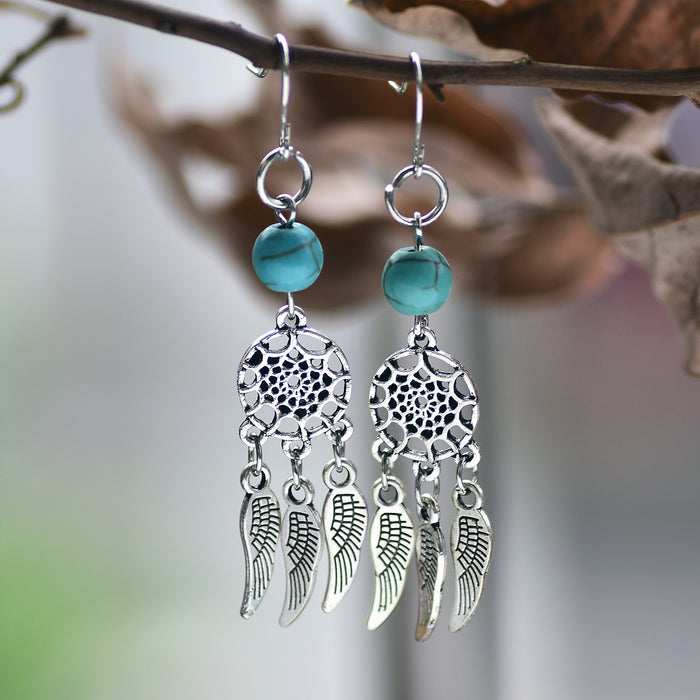 Wholesale Bohemian Pop Alloy Dream Catcher Feather Earrings JDC-ES-Songx023