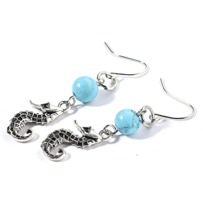 Wholesale Seahorse Earrings Vintage Alloy Imitation Turquoise Pendant JDC-ES-Songx034