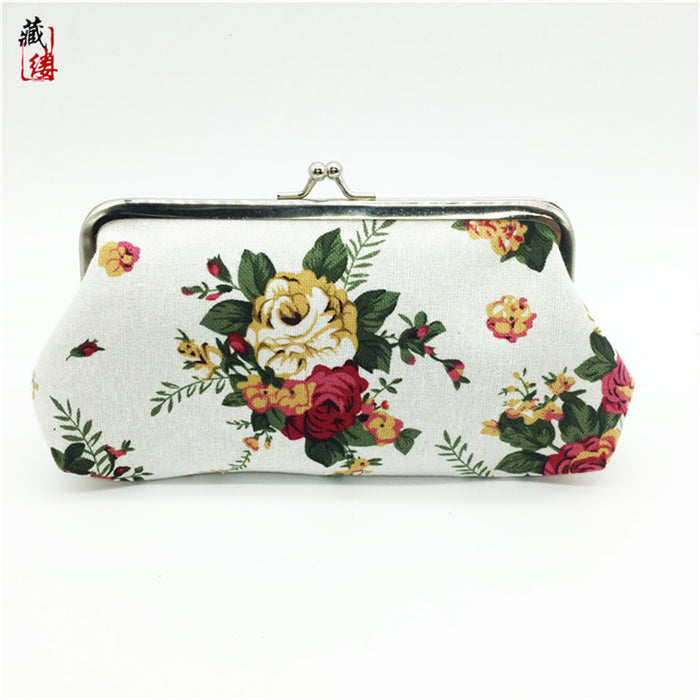 Wholesale new canvas rose coin purse ladies long hand holding cloth art mouth gold bag children's trinkets MOQ≥3 JDC-HB-Canglv003