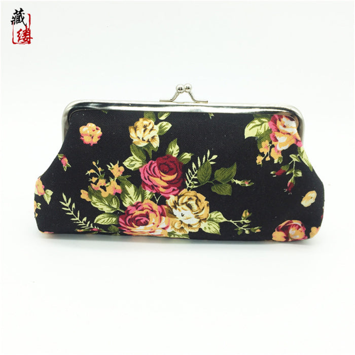 Wholesale new canvas rose coin purse ladies long hand holding cloth art mouth gold bag children's trinkets MOQ≥3 JDC-HB-Canglv003