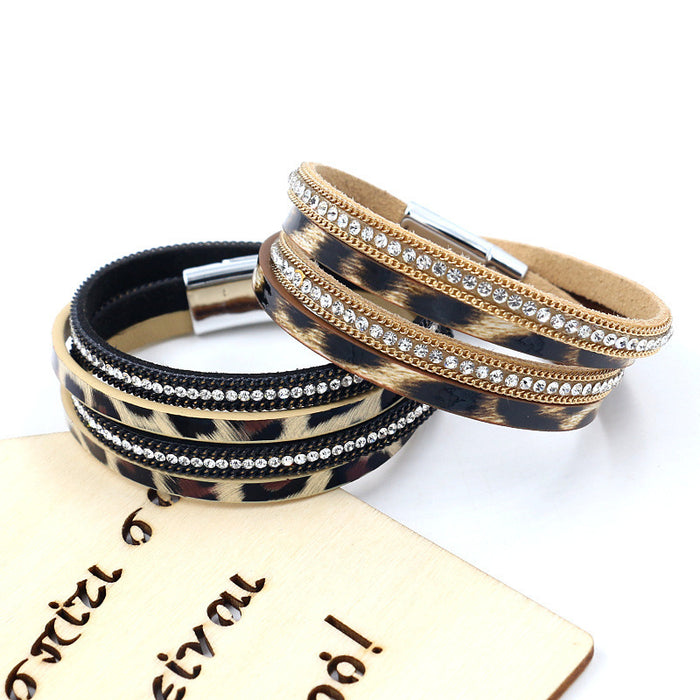 Jewelry WholesaleWholesale Leopard Print Double Circle Diamond PU Leather Magnetic Buckle Bracelet MOQ≥2 JDC-BT-KN003 Bracelet 酷牛 %variant_option1% %variant_option2% %variant_option3%  Factory Price JoyasDeChina Joyas De China