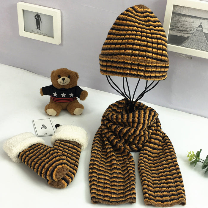 Wholesale Hat Acrylic Winter Kids Striped Warm Scarf Gloves 3 Piece Sets MOQ≥2sets JDC-FH-Xued002