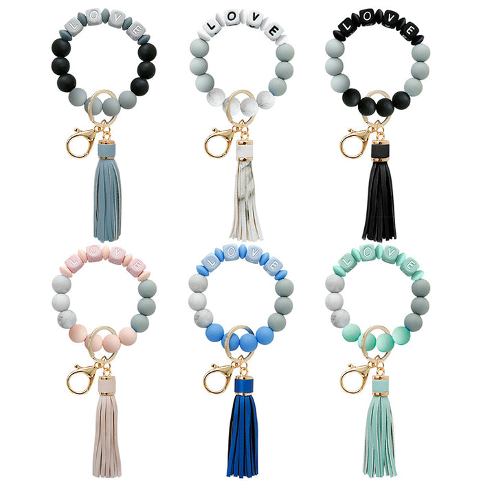 Wholesale LOVE Letters Silicone Beaded Tassel Wrist Keychain JDC-KC-JM031