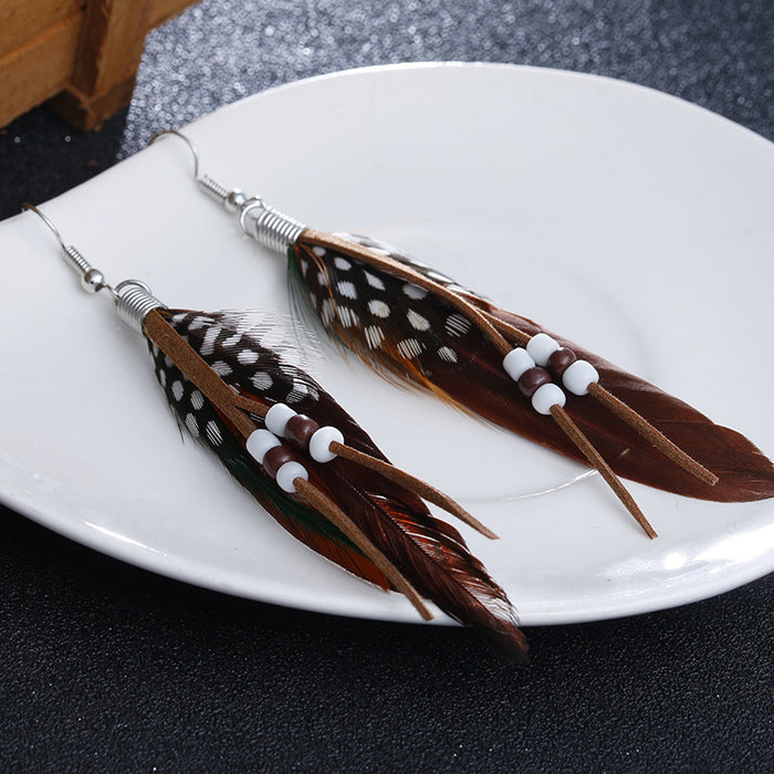 Wholesale Long Feather Earrings Boho Rice Beads Tassel MOQ≥2 JDC-ES-Zhongn001