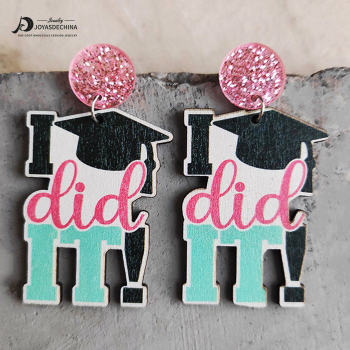 Wholesale Earrings Wooden Teacher's Day Cute Book Graduation Caps 3 Pairs JDC-ES-Heyi054