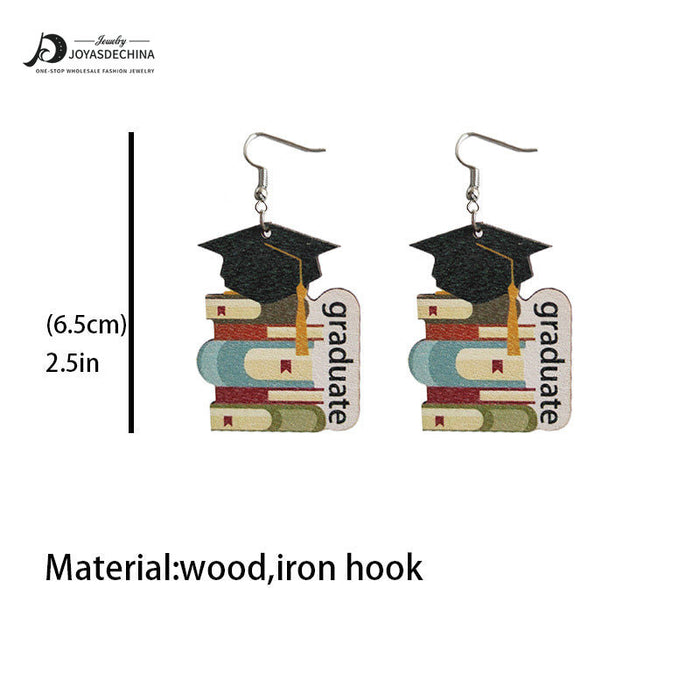 Wholesale Earrings Wooden Teacher's Day Cute Book Graduation Caps 3 Pairs JDC-ES-Heyi054