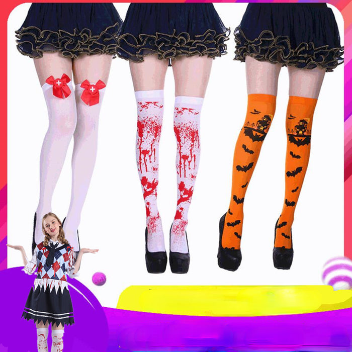 Wholesale Socks Polyester Halloween Bat Skull Bones Over Knee Stockings MOQ≥2 JDC-SK-Shuangniu001