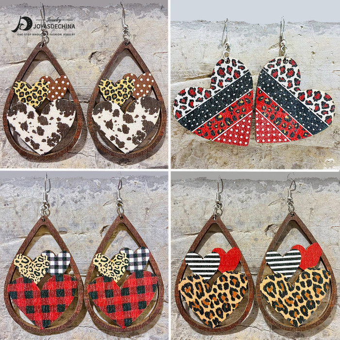 Wholesale Earrings Wooden Printed Hollow Heart 2 Pairs JDC-ES-HeYi090