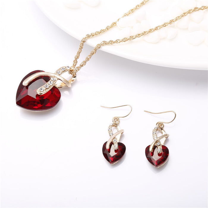 Wholesale Peach Heart Necklace Crystal Glass Earrings Necklace Jewelry Set JDC-NE-shanglu003