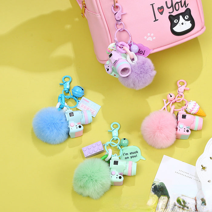Wholesale card rabbit hair real hair camera keychain pendant MOQ≥3 JDC-KC-WYan004