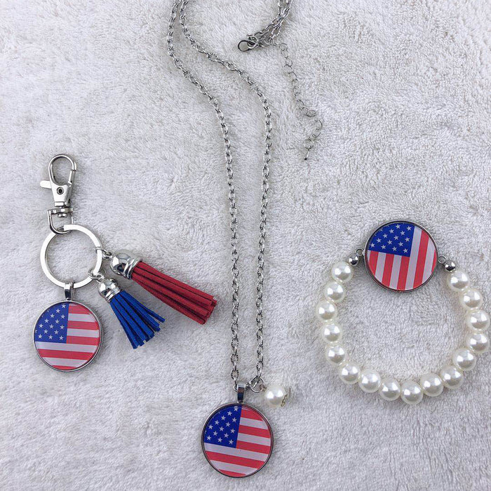 Wholesale 4th of July Independence Day American Flag Alloy Necklace Bracelet Keychain Set MOQ≥2 JDC-BT-ZhiY001