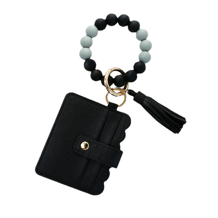 Wholesale Silicone Beaded Leather Card Holder Wristlet Keychain MOQ≥2 JDC-KC-JM037