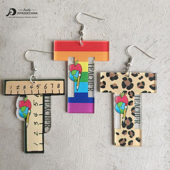 Wholesale Earrings Acrylic Teacher's Day Apple Rainbow Ruler 3 Pairs JDC-ES-Heyi053