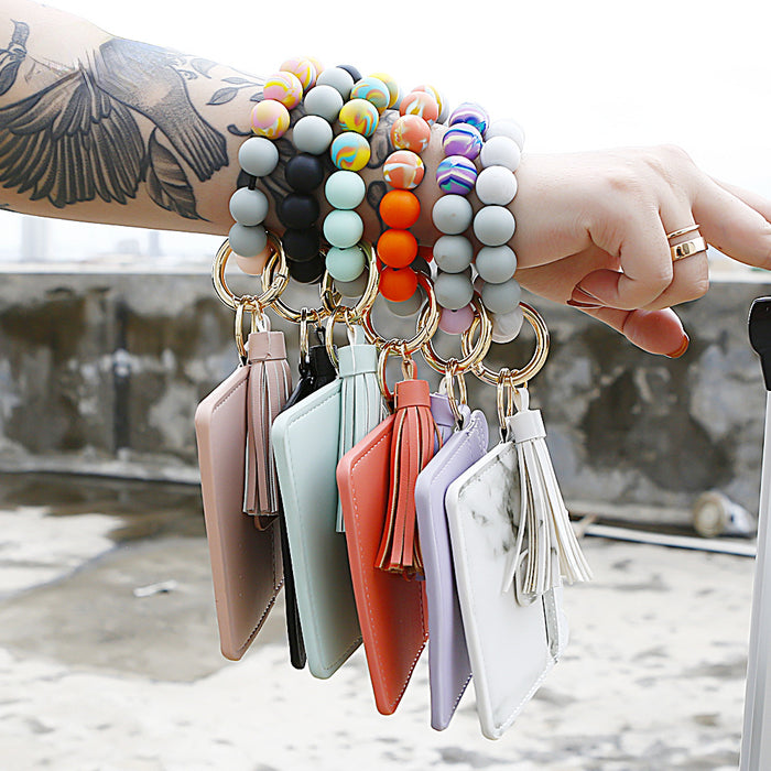 Wholesale Silicone Beaded Leather Card Holder Wristlet Keychain MOQ≥2 JDC-KC-JM037