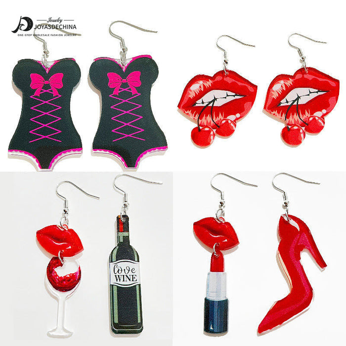 Wholesale Earrings Acrylic Fun Lips Red Wine Bottle High Heels 2 Pairs JDC-ES-HeYi086