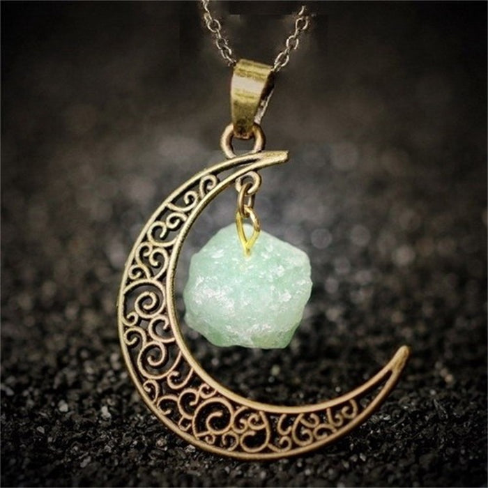 Wholesale Jewelry Natural Stone Crystal Necklace Vintage Moon Alloy Sweater Chain MOQ≥3 JDC-NE-shenX002