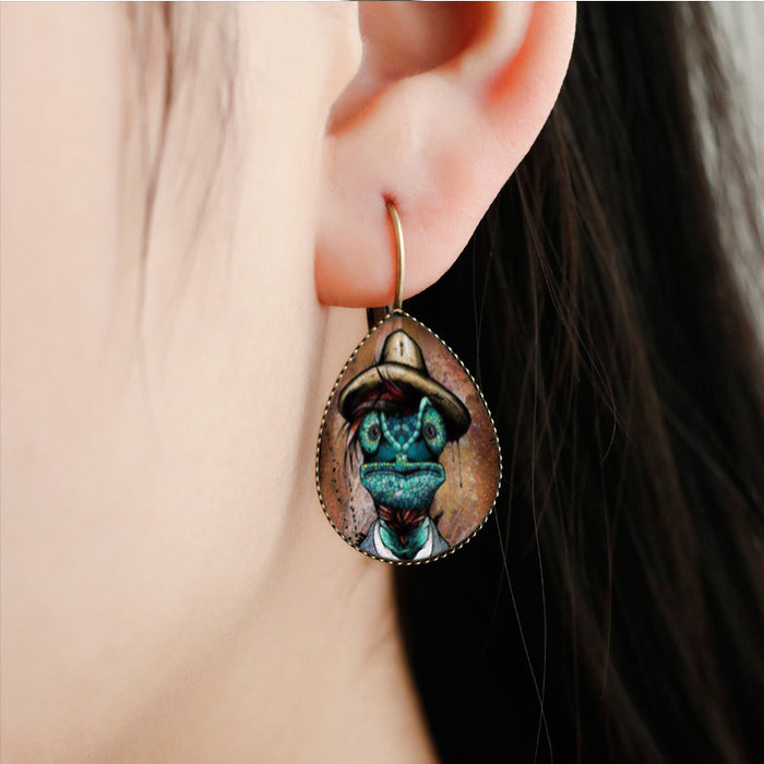 Wholesale water drop time gem french earrings animal retro illustration MOQ≥2 JDC-ES-Fangt011