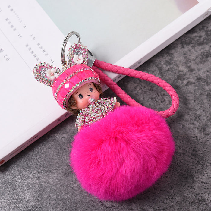 Wholesale pendant rhinestone rex rabbit fur keychain cartoon JDC-KC-GHui005