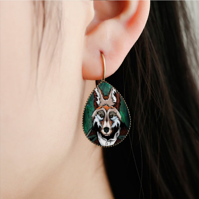 Wholesale water drop time gem french earrings animal retro illustration MOQ≥2 JDC-ES-Fangt011