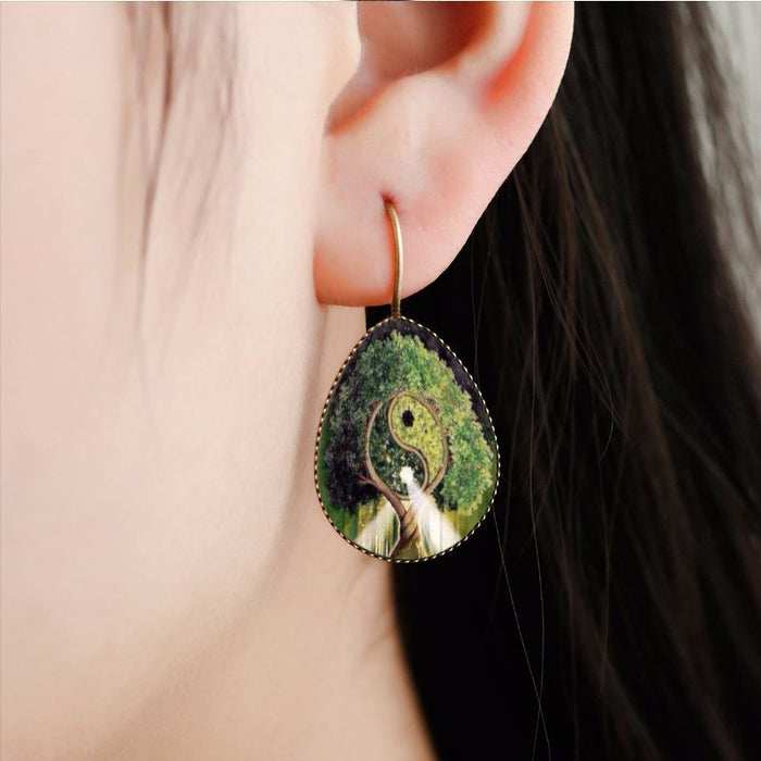 Wholesale gossip yin yang too water drop retro earrings time gem MOQ≥2 JDC-ES-Fangt009