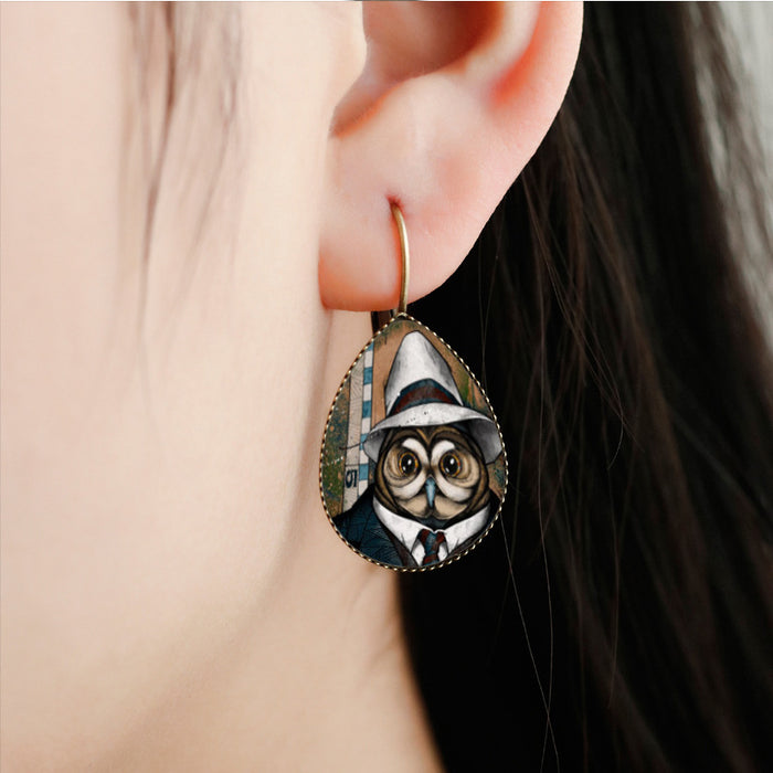 Wholesale water drop time gem french earrings animal retro illustration MOQ≥2 JDC-ES-Fangt011